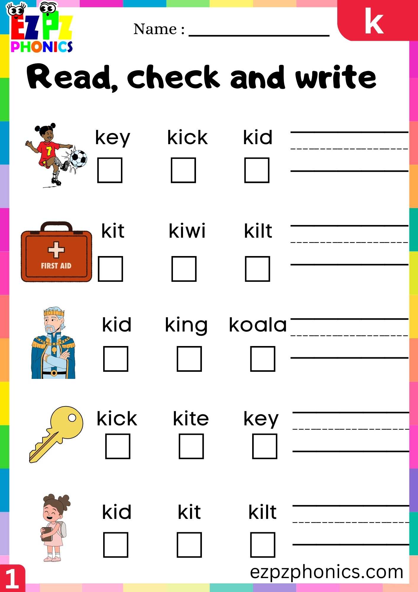 Letter K Read, Check And Write Beginning Sounds Worksheet